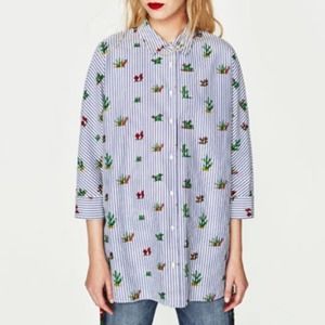 Zara Oversized Blue Striped Cactus Print Shirt L